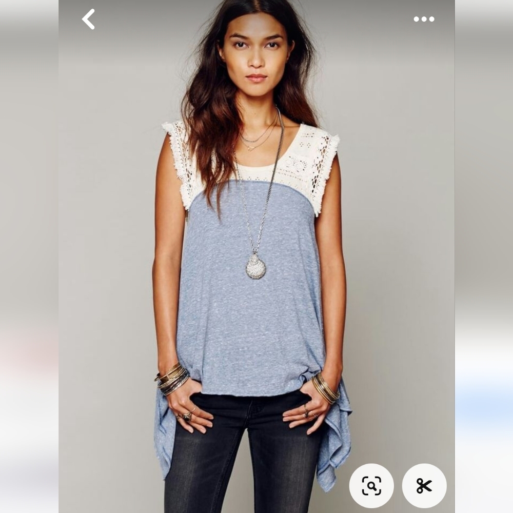 Free People Crochet Lace Shark Bite Tee Flowy Tunic Western Boho Tank Top